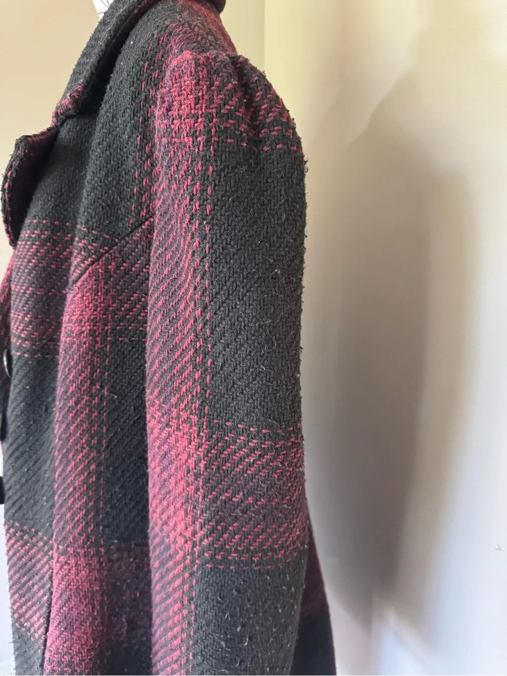 Y2K Suzy Shier Black and Burgundy Plaid Double-Breasted Pea Coat - Picture 3 of 9